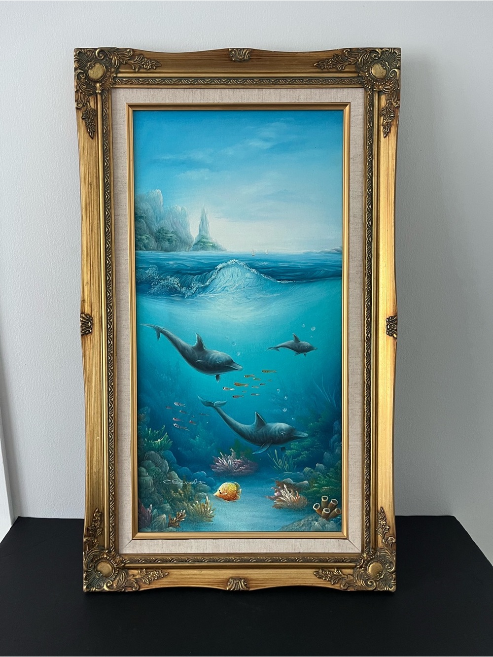 C Benolt Original Oil Painting Signed Under Sea Dolphins Fish Corals Vtg 17x29